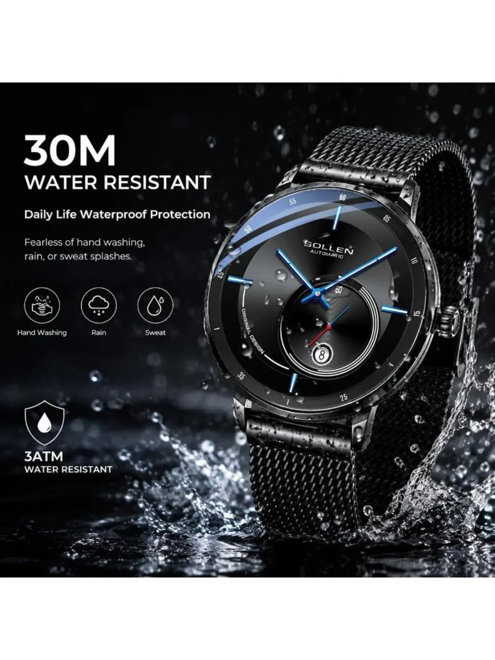 Men's Black Automatic Mechanical Minimalist Dial Stainless Steel Luxury Watch